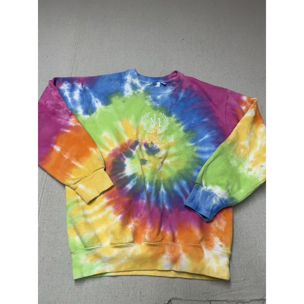 Lunch Money Tie Dye Crewneck Sweatshirt Small Rainbow Embroidered Logo [A20]